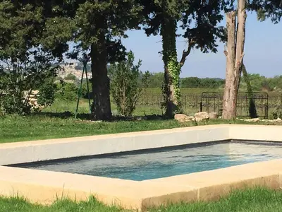 a swimming pool in the grass with trees and a fence at La Magnanerie in Bonnieux