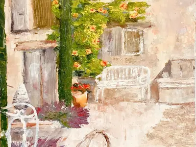 a painting of a garden with a chair and flowers at Château de la Merletade in Cheval-Blanc