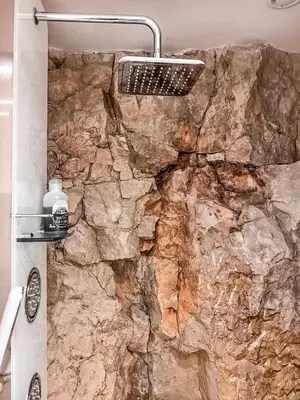 a shower with a stone wall in a bathroom at Le Mas des Roches à Velaux in Velaux
