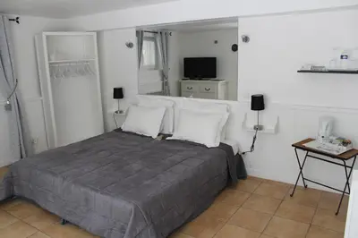 a bedroom with a bed with pillows and a television at Le Mas des Chênes in Rognes