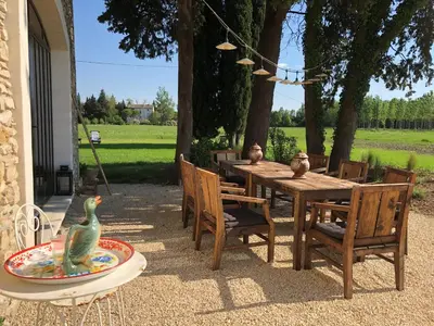 a wooden table with chairs and a table with a bird on a plate at Le Mas de la Sorgue in Le Thor