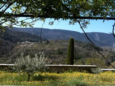 a bench in the middle of a field with a tree at La Source à Bonnieux en Luberon in Bonnieux