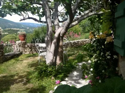 a table and chairs under a tree in a yard at La Source à Bonnieux en Luberon in Bonnieux