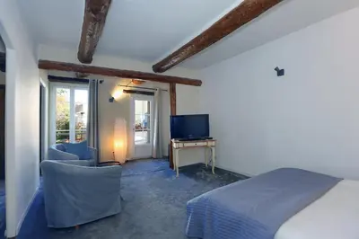 a bedroom with a bed and a tv in a room at Le Cheval Blanc in La Bastide-des-Jourdans