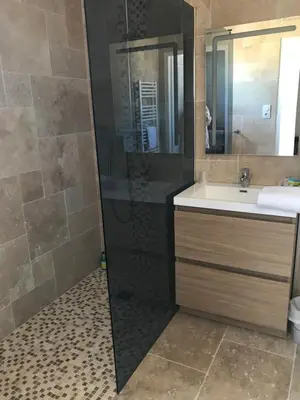 a bathroom with a shower and a sink at Le Devem De Mirapier in Cornillon-Confoux
