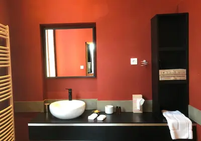 a bathroom with a sink and a red wall at MAISON LUBERON in Apt