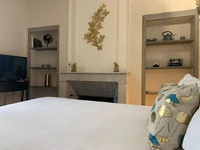 a bedroom with a white bed and a fireplace at MAS aux CEDRES in Lioux