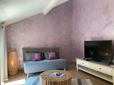 a living room with a couch and a tv at MAS aux CEDRES in Lioux