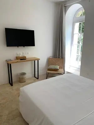 a bedroom with a bed and a desk with a television at Moulin de la Roque in Althen-des-Paluds