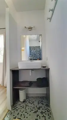 a bathroom with a sink and a mirror at Le Cabanon in Sainte-Croix-à-Lauze