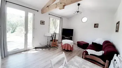 a living room with a couch and a guitar in it at Le Cabanon in Sainte-Croix-à-Lauze
