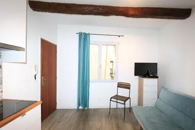 a living room with a couch and a chair at ROGERIO en PLEIN CENTRE DE L'ISLE SUR SORGUE in LʼIsle-sur-la-Sorgue