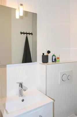 a bathroom with a sink and a mirror at ROGERIO en PLEIN CENTRE DE L'ISLE SUR SORGUE in LʼIsle-sur-la-Sorgue