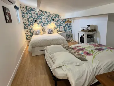 a bedroom with two beds and blue and white wallpaper at Centre d'énergies in Monteux