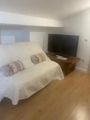 a bedroom with a bed and a flat screen tv at Centre d'énergies in Monteux
