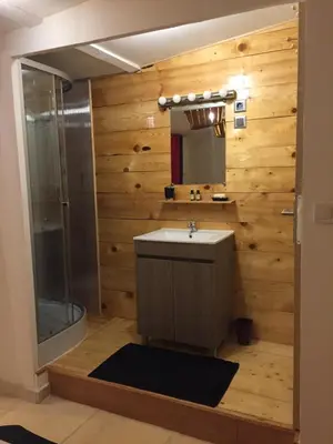 a bathroom with a sink and a shower at DEPENDANCE PRIVEE - HALTE ROUTE in Le Thor