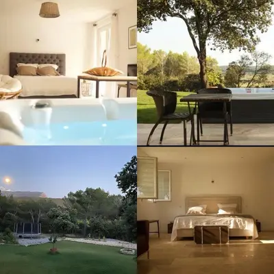 a collage of three pictures of a bedroom and a room at Mas lou Félibrige in Venelles