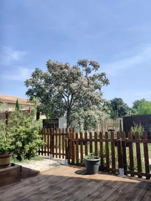 a wooden fence with a tree in the background at Gîte du Charme Provençal in Sénas