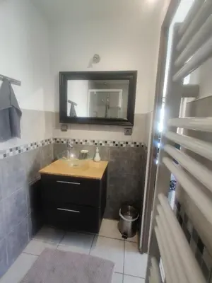 a bathroom with a sink and a mirror at Gîte du Charme Provençal in Sénas