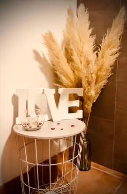 a white table with a wine glass and some feathers at Une Pause Douceur - Suite Orchidée in Eyguières