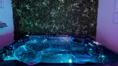 a bathtub with lights in front of a green wall at Une Pause Douceur - Suite Orchidée in Eyguières
