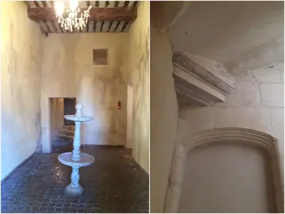 two pictures of a room with a table in a building at La Magnanerie in LʼIsle-sur-la-Sorgue