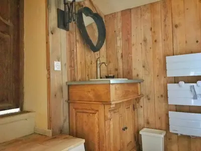 a bathroom with a sink in a wooden wall at Mas de L Angeos in Velleron