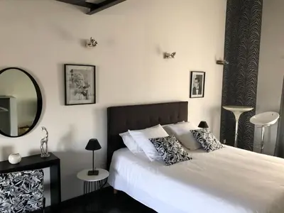 a bedroom with a large bed with a mirror at B&B dans Mas en pierres in Robion en Luberon