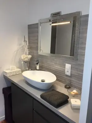 a bathroom with a white sink and a mirror at Loft avec spa Lourmarin in Lourmarin