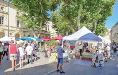 a group of people walking around a market with tents at Awesome Home In Saint-Rémy-De-Provence in Saint-Rémy-de-Provence