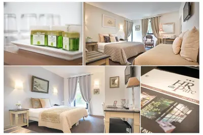 a collage of four pictures of a hotel room at Logis Hôtel Restaurant du Parc in Fontaine-de-Vaucluse