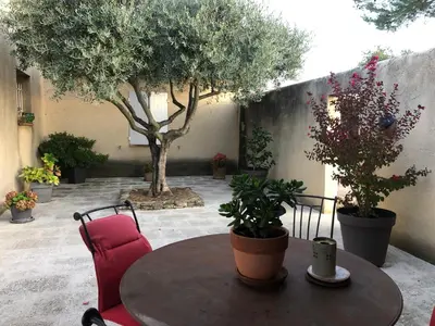 a table and chairs in a courtyard with a tree at Villa dans le LUBERON à 2 km de LOURMARIN in Lauris