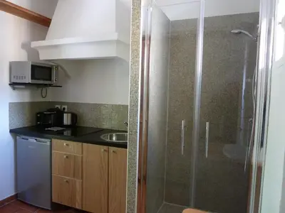 a small kitchen with a shower and a sink at Appartement Cours Mirabeau CrsMb in Aix-en-Provence