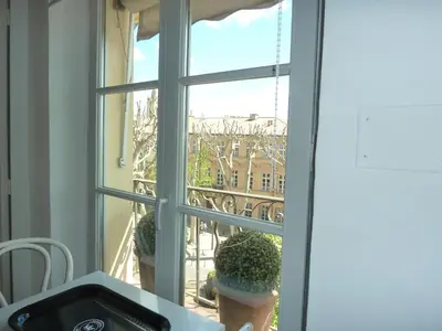 a window with potted plants and a view of a building at Appartement Cours Mirabeau CrsMb in Aix-en-Provence