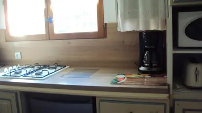 a kitchen counter with a stove and a microwave at Maison d'Hôtes La Douloire in Pernes-les-Fontaines