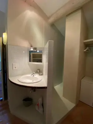 a bathroom with a sink and a mirror at Gite des amis Domaine de Mas Caron in Caromb
