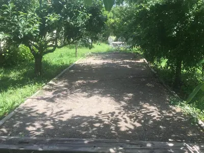 a dirt road with trees and a bench in the distance at L’ocabée in La Tour-dʼAigues