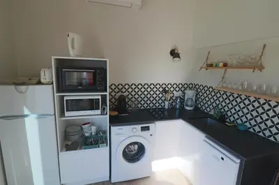 a kitchen with a washing machine and a microwave at Le mas Sainte Marie in Venasque