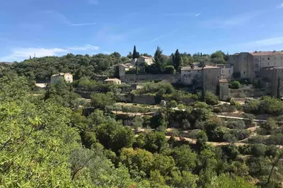 an old town with trees and buildings on a hill at Le Bastidon de L Olivier in Gordes