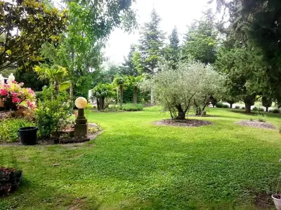 a yard with green grass and trees and flowers at Maison Le Thor avec piscine part. in Le Thor
