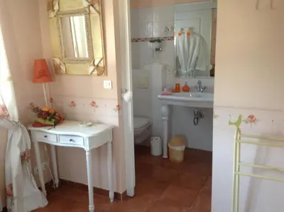 a bathroom with a sink and a toilet and a mirror at La Villa Rosalie in Ventabren