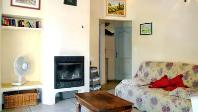 a living room with a couch and a fireplace at Villa charmante à Dauphin avec piscine privée in Dauphin
