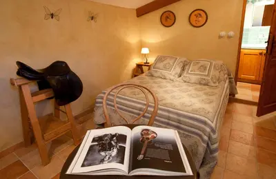 a bedroom with a bed and a book on a table at La Fontaine in Simiane-la-Rotonde
