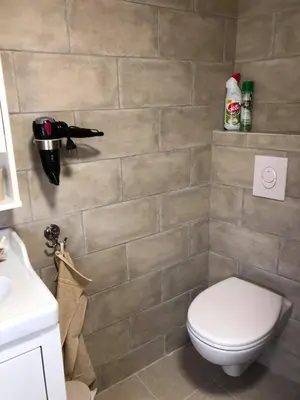 a bathroom with a toilet and a tiled wall at Provence Luberon Bonnieux Location Gite Chez Basile in Bonnieux
