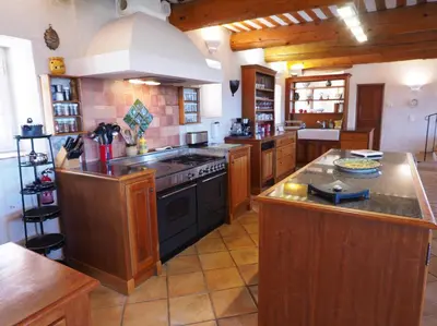 a large kitchen with wooden cabinets and a stove at Chez Manon in Apt