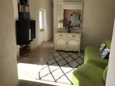 a living room with a green couch and a television at Mas du Figuier Oppede Luberon in Oppède