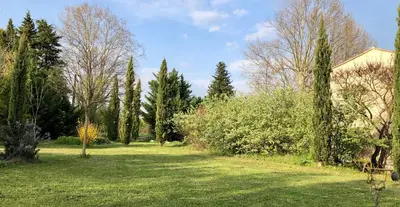 a field of grass with trees and a building at La Bri...Gite in LʼIsle-sur-la-Sorgue