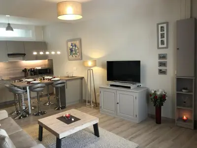 a living room with a couch and a tv at Les volets rouges in Cavaillon