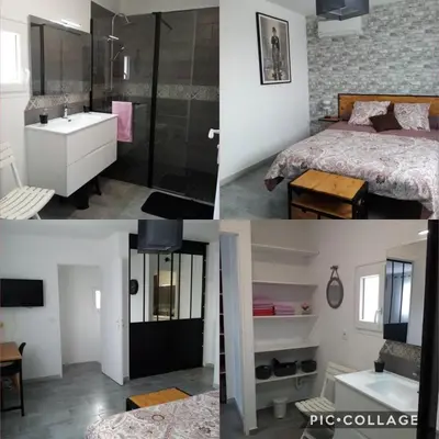 a collage of photos of a bedroom and a bathroom at la maison du coq in La Fare-les-Oliviers