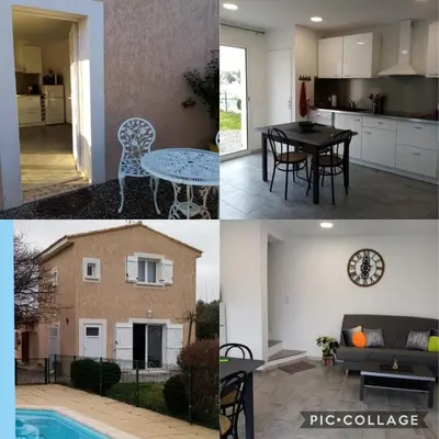 a collage of photos of a kitchen and a house at la maison du coq in La Fare-les-Oliviers